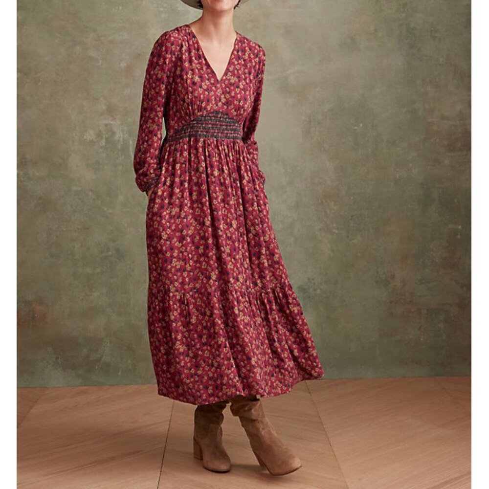 Garnet Hill Smocked-Bodice dress Magenta Blooms print maxi boho cottagecore 10